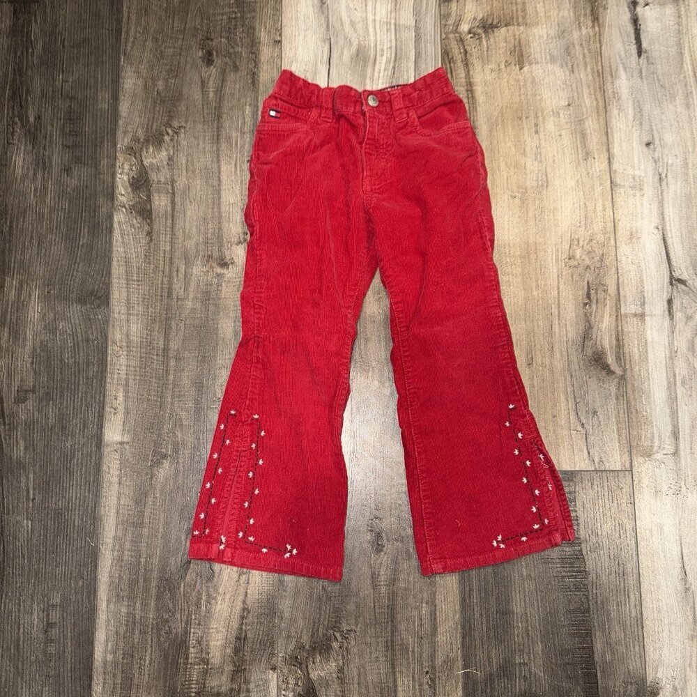 VTG Y2K Tommy Hilfiger Girls Red Corduroy Flare‎ Leg Pants With Embroidery 4T